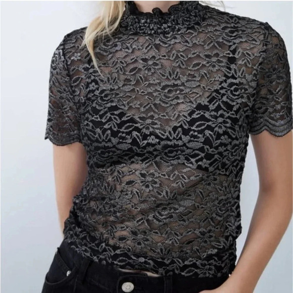 Zara Lace shirt size medium black silver flecks - Picture 1 of 5